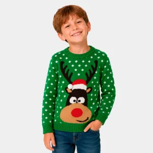 Jersey de Navidad para Niña y Niño Verde Reno con Gorro en 3D Algodón