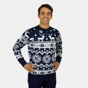 Jersey Navideño para Hombre con Renos y Estrellas Azul Nordic