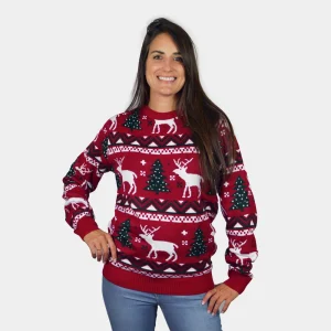 Jersey de Navidad Parejas con Árboles de Navidad y Renos Rojo