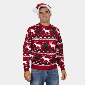 Jersey de Navidad para Hombre Rojo Árboles de Navidad y Renos