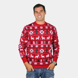Jersey de Navidad para Hombre Rojo Renos, Árboles y Estrellas Polares