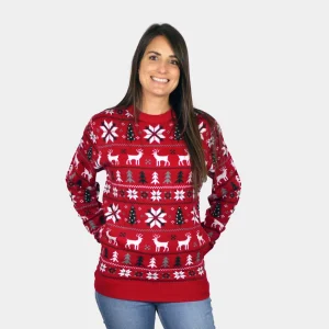 Jersey de Navidad para Mujer Rojo con Renos, Árboles y Estrellas Polares