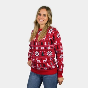 Jersey de Navidad Parejas Rojo con Renos, Árboles y Estrellas Polares