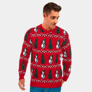 Jersey de Navidad para Hombre Rojo con Pinos y Muñecos de Nieve