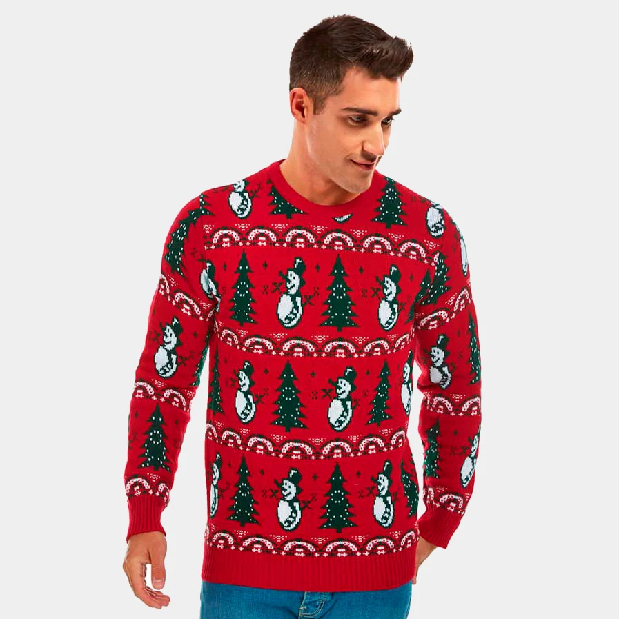 Jersey de Navidad para Hombre Rojo con Pinos y Muñecos de Nieve