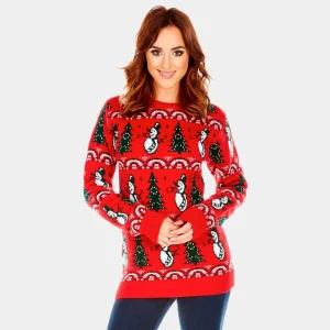 Jersey de Navidad Parejas Rojo con Pinos y Muñecos de Nieve