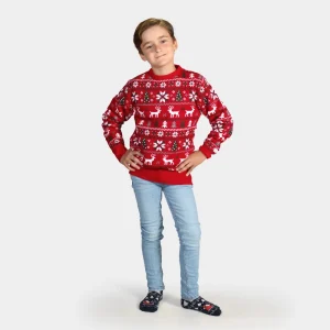 Jersey de Navidad para Niña y Niño Rojo Renos, Árboles y Estrellas Polares