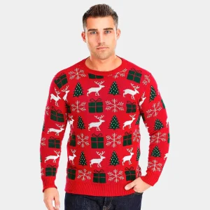 Jersey de Navidad para Hombre Rojo con Renos, Regalos y Pinos