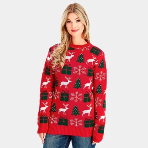 Jersey de Navidad para Mujer Rojo con Renos, Regalos y Pinos