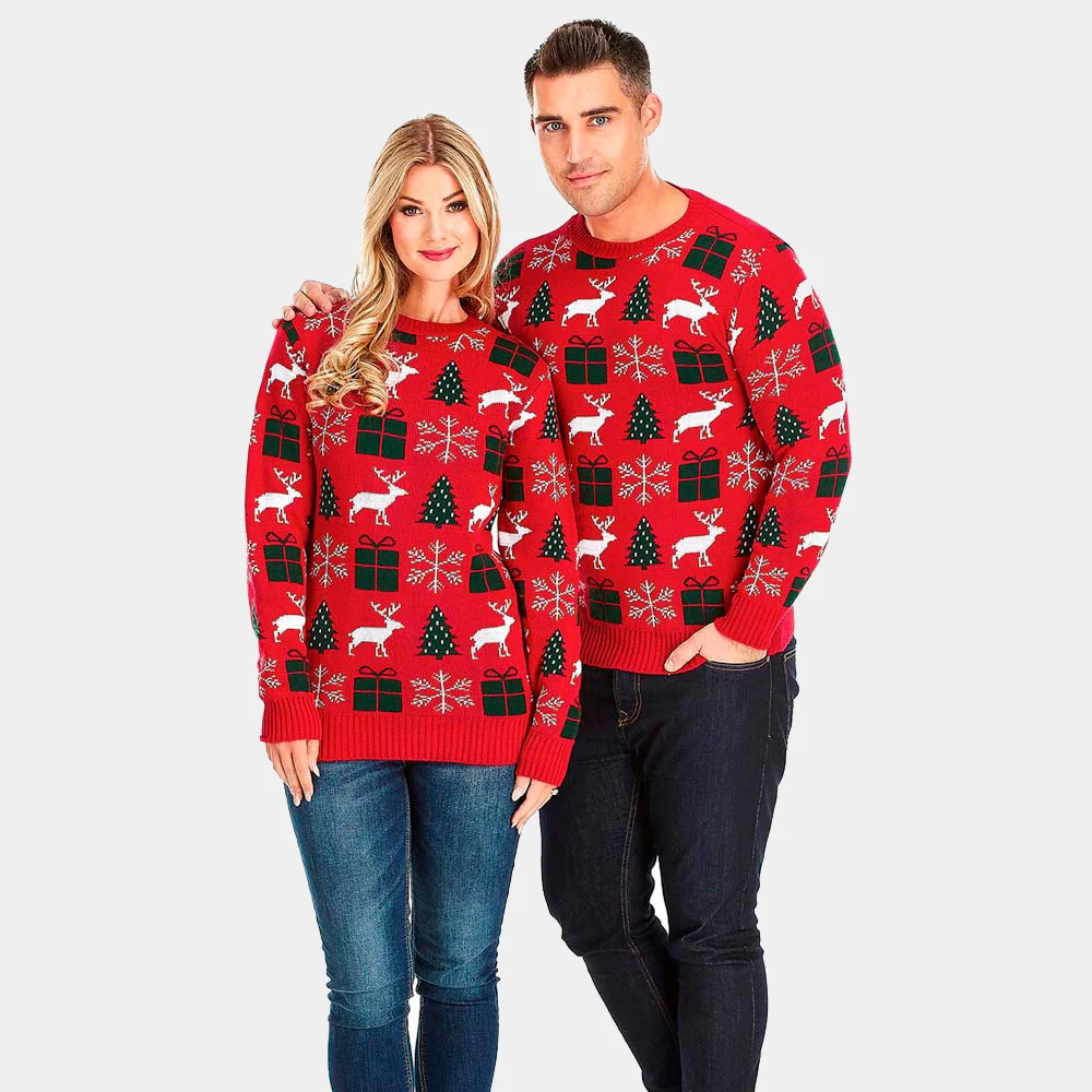 Jersey de Navidad Rojo con Renos, Regalos y Pinos - Imagen 5