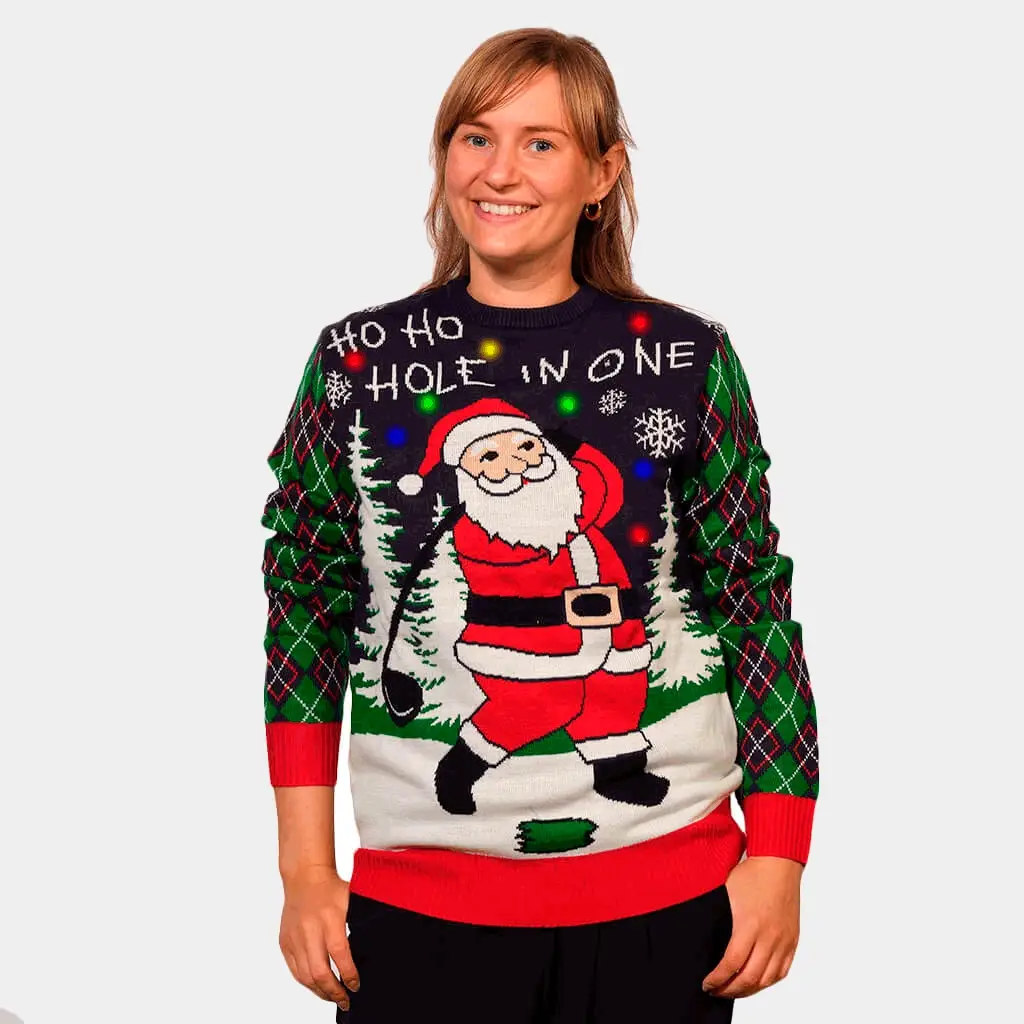Jersey de Navidad con Luces LED Parejas con Santa jugando al Golf