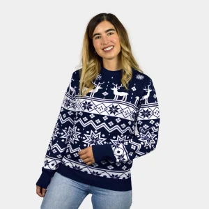 Jersey Navideño Parejas con Renos y Estrellas Azul Nordic