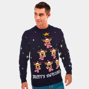 Jersey de Navidad Azul Renos para Hombre Árbol de Navidad y Estrella