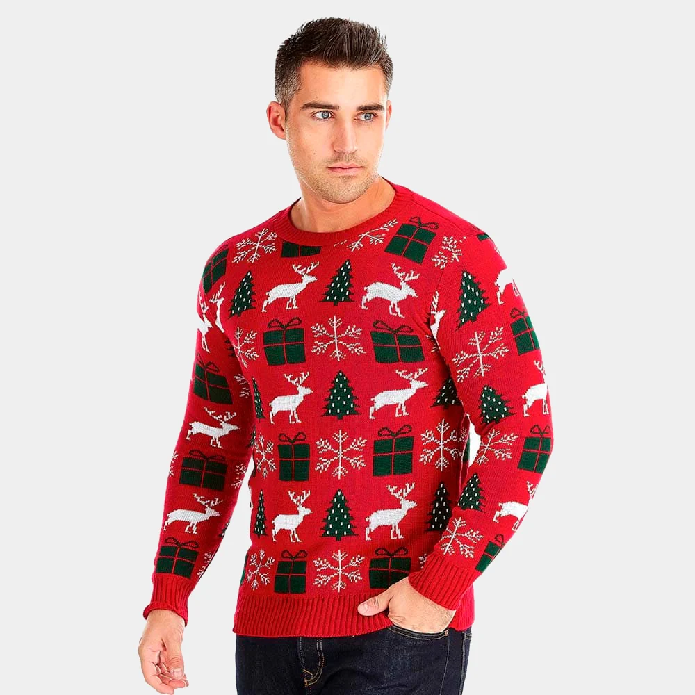 Jersey de Navidad Rojo con Renos, Regalos y Pinos - Imagen 3