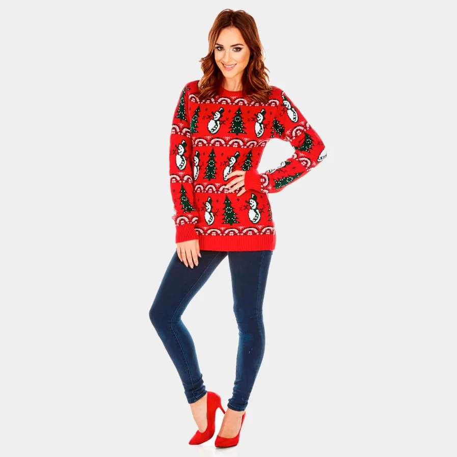 Jersey de Navidad para Hombre Rojo con Pinos y Muñecos de Nieve - Imagen 3