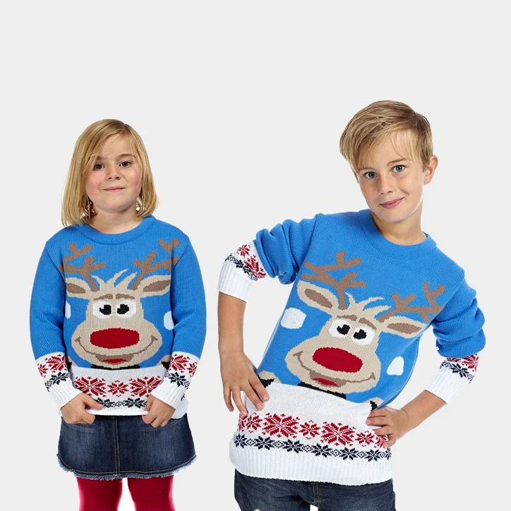Jersey de Navidad para Niña y Niño Azul Claro con Reno y Nieve - Imagen 2