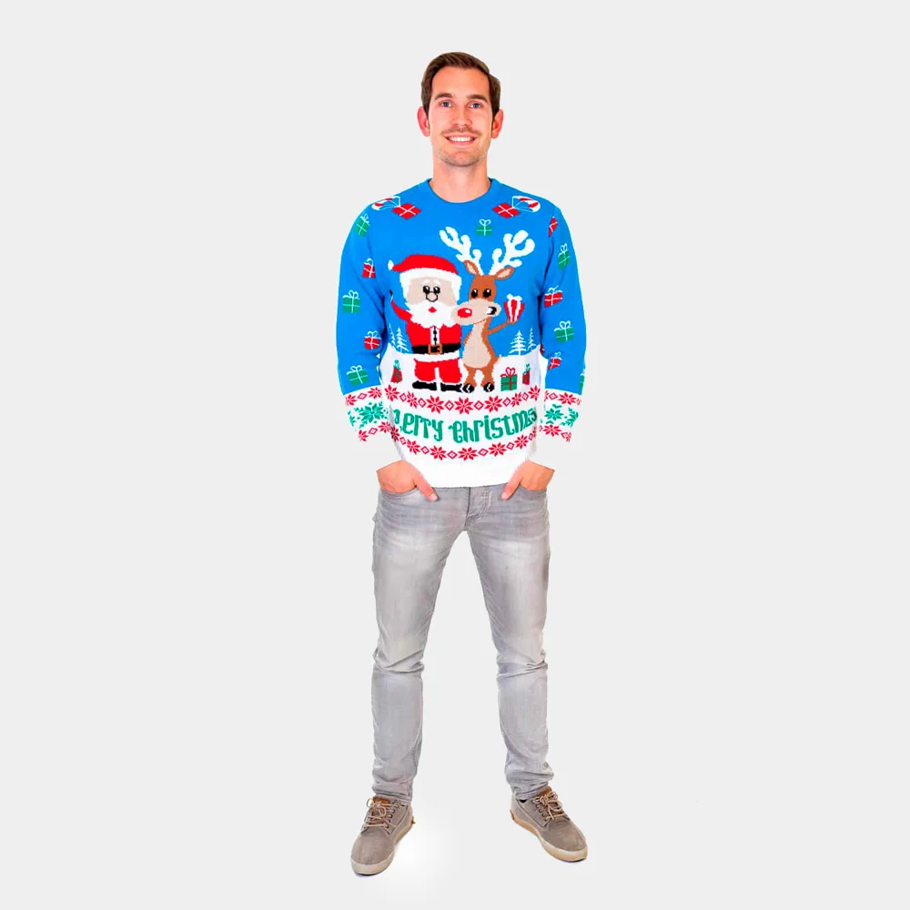 Jersey de Navidad para Hombre Azul Claro Reno y Papá Noel - Imagen 3