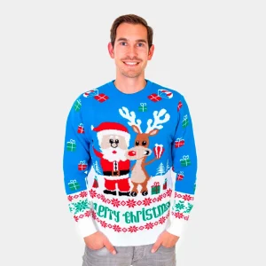 Jersey de Navidad para Hombre Azul Claro Reno y Papá Noel