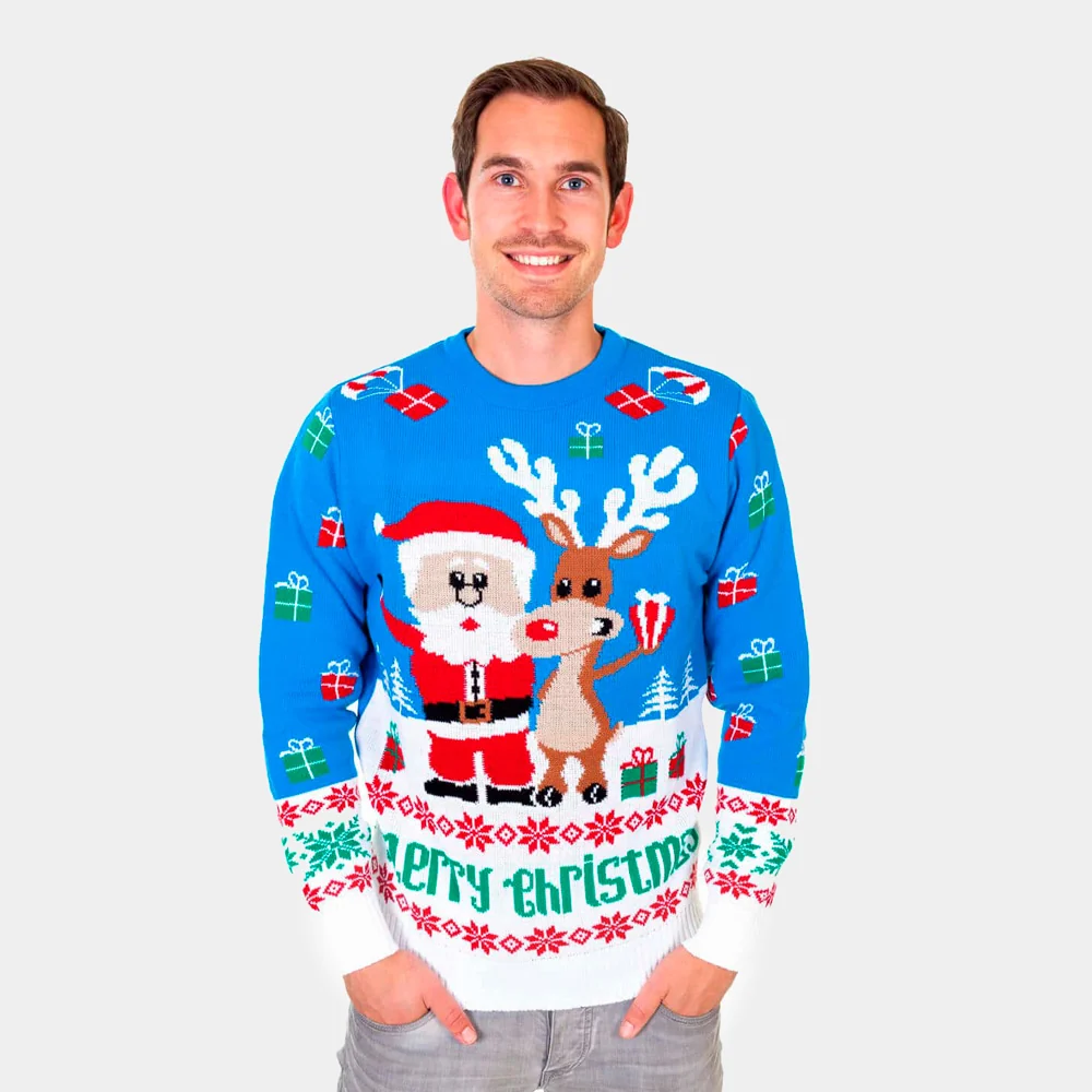 Jersey de Navidad para Hombre Azul Claro Reno y Papá Noel - Imagen 2