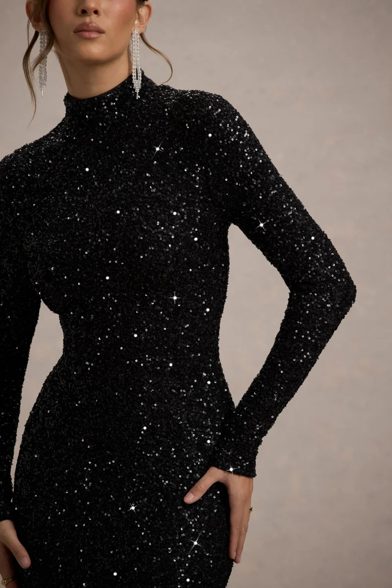 Galaxy | Vestido largo Negro de Lentejuelas con Cuello Alto y Manga Larga - Imagen 4
