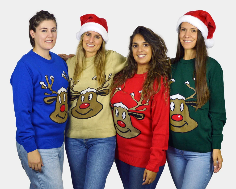 Jersey de Navidad para Parejas Reno Sonriente Azul - Imagen 5