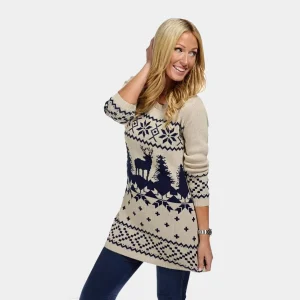 Vestido Navideño para Mujer Clásico Beige y Azul Marino