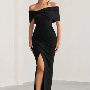 Eva | Vestido largo negro Bardot con detalle de lazo y abertura lateral