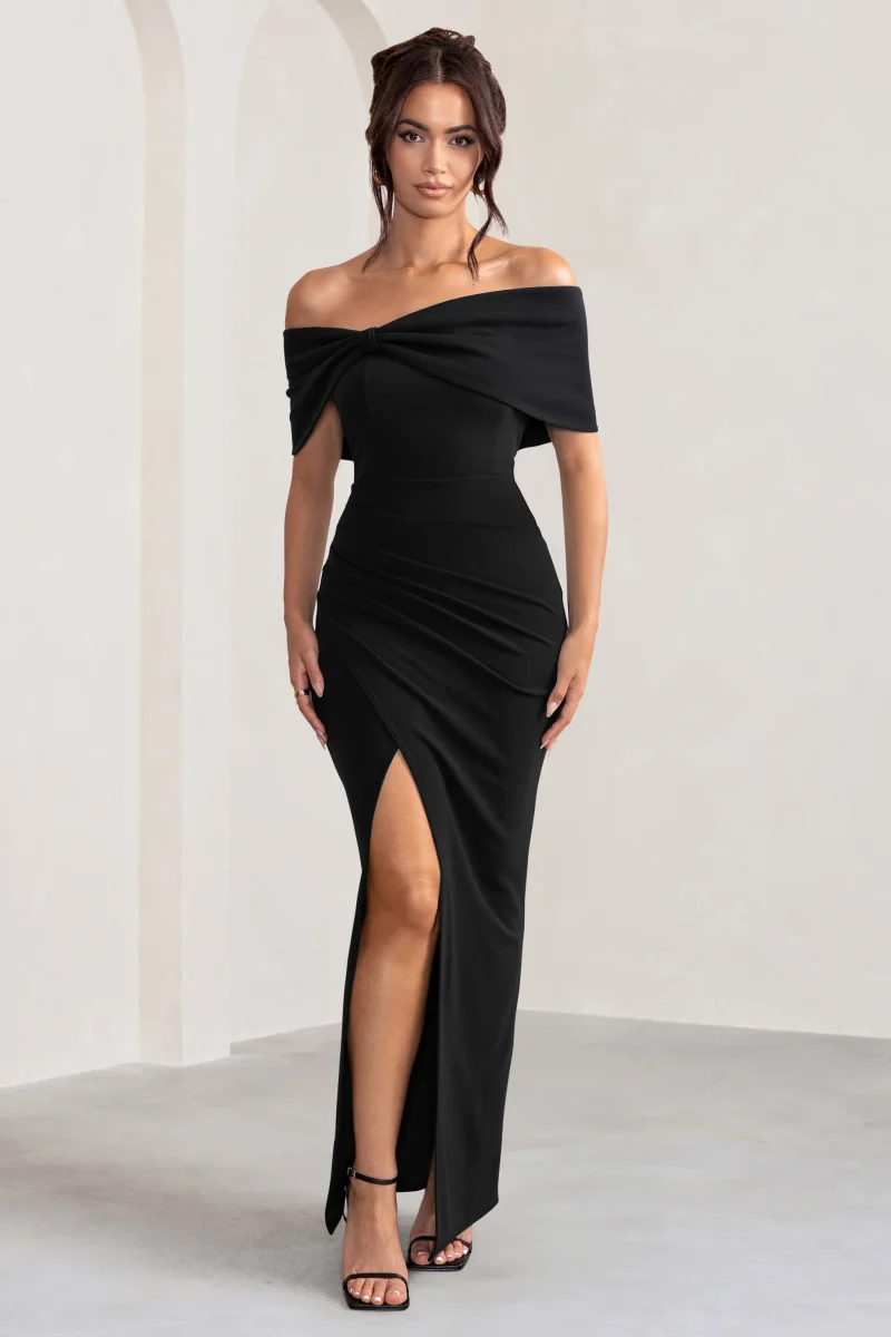 Eva | Vestido largo negro Bardot con detalle de lazo y abertura lateral - Imagen 2