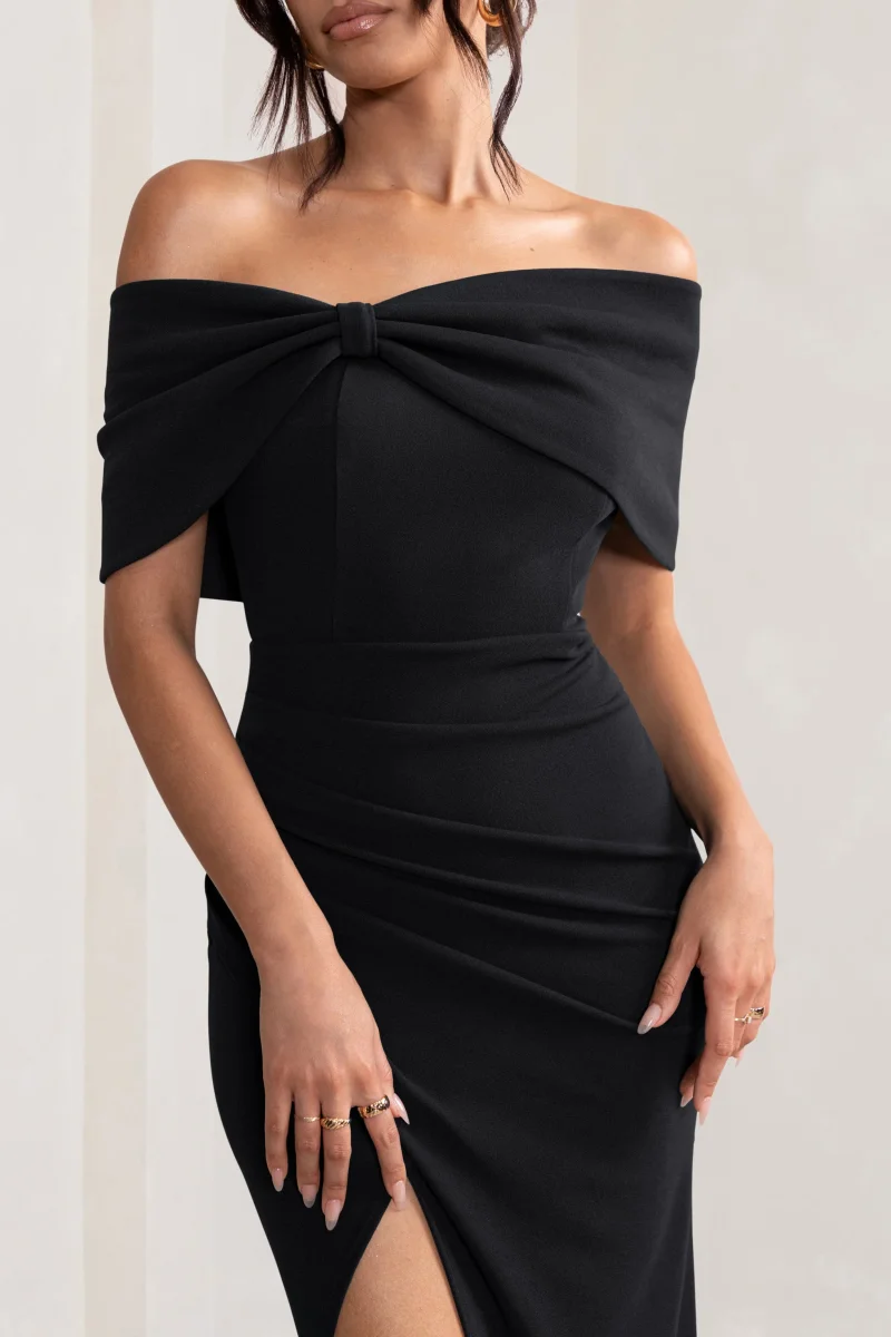 Eva | Vestido largo negro Bardot con detalle de lazo y abertura lateral - Imagen 4