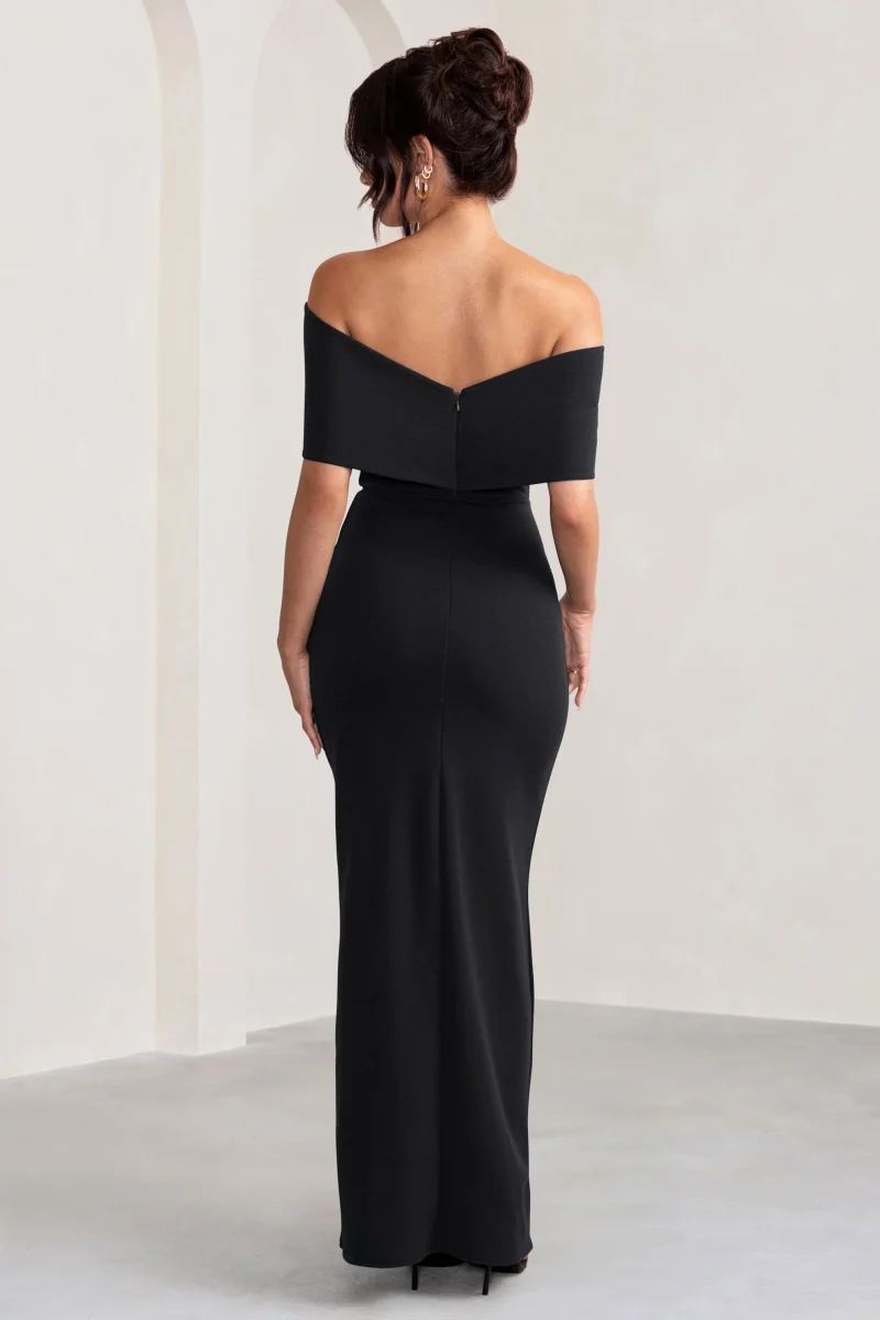 Eva | Vestido largo negro Bardot con detalle de lazo y abertura lateral - Imagen 3