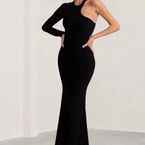 Tyra | Vestido largo negro con escote asimétrico y detalle de espalda descubierta