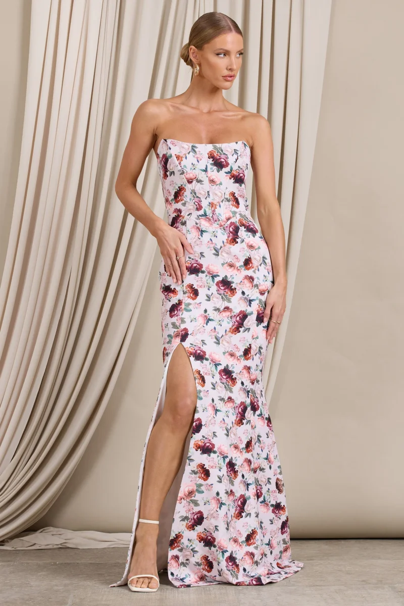 Blenheim | Vestido Largo Ajustado con Corsé y Estampado Floral Blanco - Imagen 7