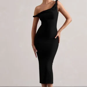 Salome | Vestido midi negro con escote asimétrico retorcido