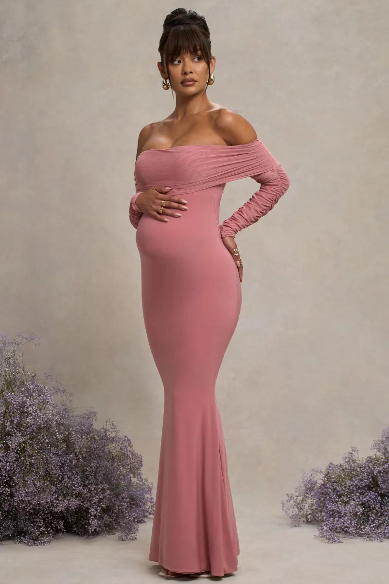 Pretty Perfect | Vestido Largo Bardot de premamá con Fruncido y Malla en Color Rosa empolvado - Imagen 6