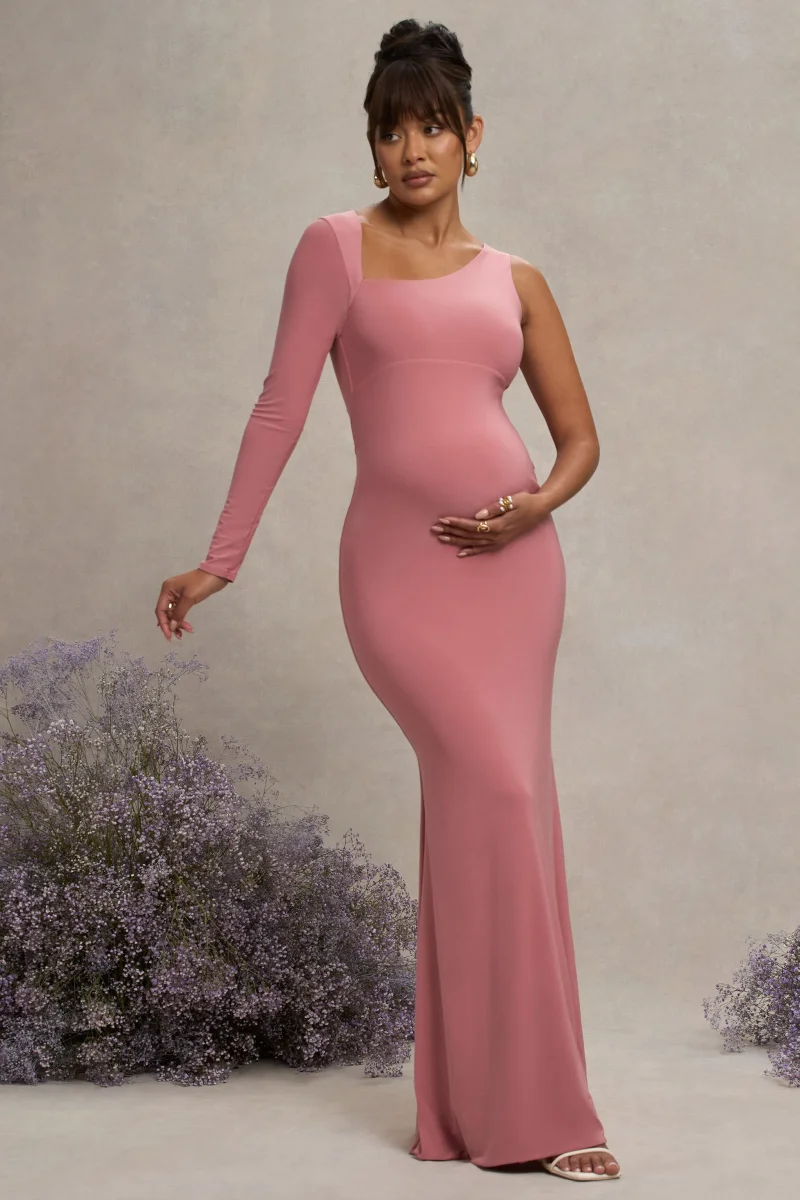 Oh Baby | Vestido Bodycon largo de premamá Asimétrico en Color rosa empolvado - Imagen 6