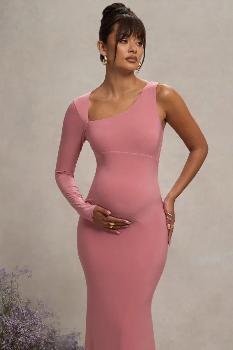 Oh Baby | Vestido Bodycon largo de premamá Asimétrico en Color rosa empolvado - Imagen 4