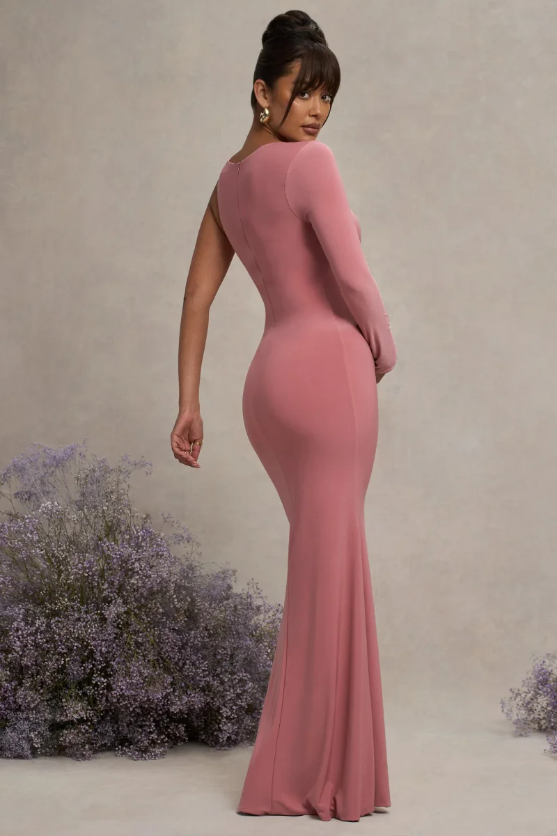 Oh Baby | Vestido Bodycon largo de premamá Asimétrico en Color rosa empolvado - Imagen 3