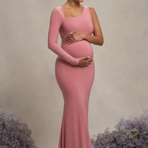 Oh Baby | Vestido Bodycon largo de premamá Asimétrico en Color rosa empolvado