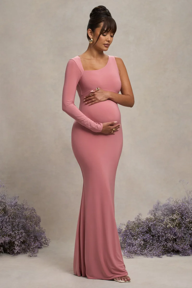 Oh Baby | Vestido Bodycon largo de premamá Asimétrico en Color rosa empolvado - Imagen 2