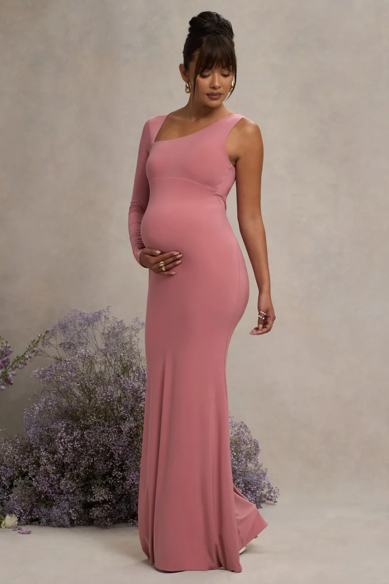 Oh Baby | Vestido Bodycon largo de premamá Asimétrico en Color rosa empolvado - Imagen 5