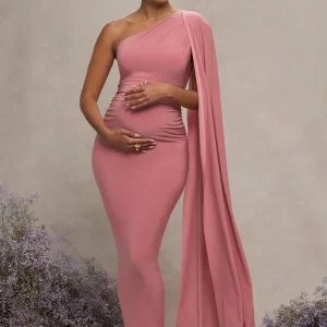 Amaryllis | Vestido Largo Rosa Empolvado de maternidad con una sola maga capa