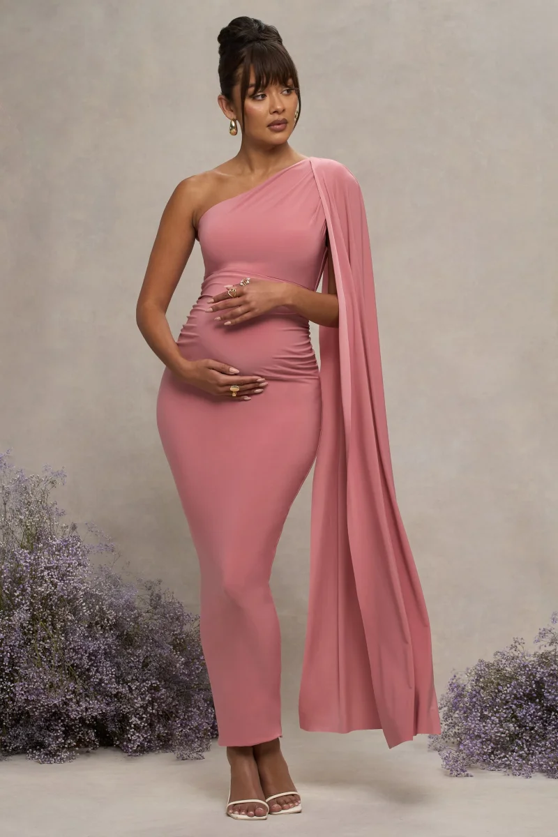 Amaryllis | Vestido Largo Rosa Empolvado de maternidad con una sola maga capa - Imagen 2