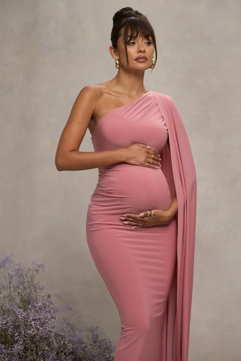 Amaryllis | Vestido Largo Rosa Empolvado de maternidad con una sola maga capa - Imagen 4