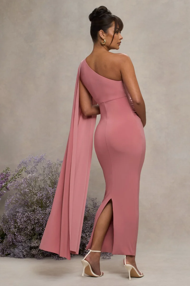 Amaryllis | Vestido Largo Rosa Empolvado de maternidad con una sola maga capa - Imagen 3