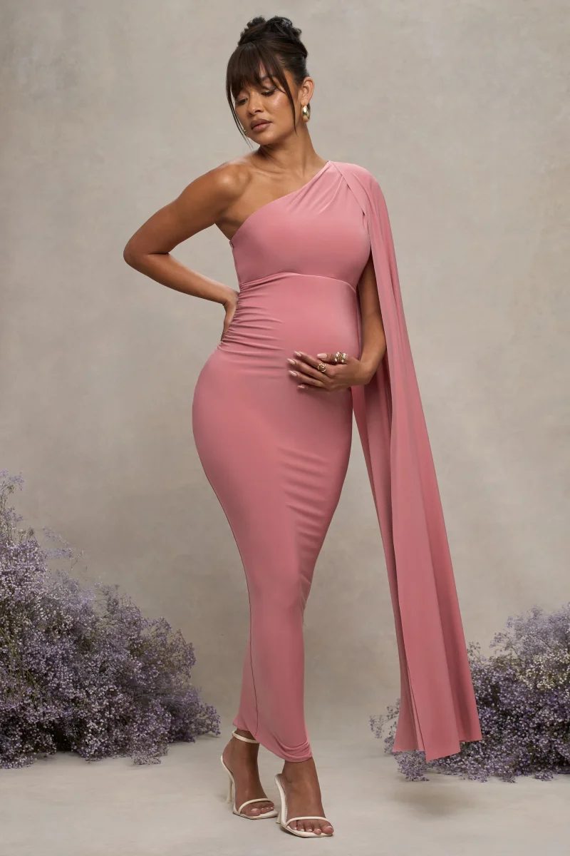Amaryllis | Vestido Largo Rosa Empolvado de maternidad con una sola maga capa - Imagen 6