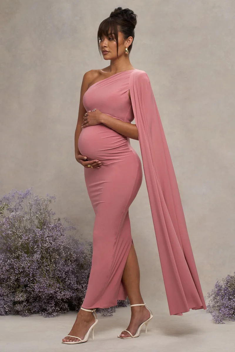 Amaryllis | Vestido Largo Rosa Empolvado de maternidad con una sola maga capa - Imagen 5