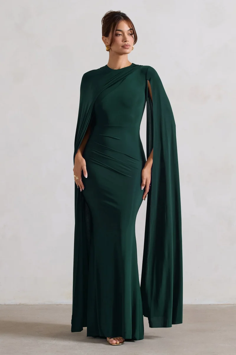 Magdelena | Vestido largo verde botella entallado con capa asimétrica - Imagen 6