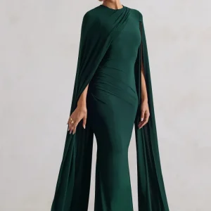 Magdelena | Vestido largo verde botella entallado con capa asimétrica