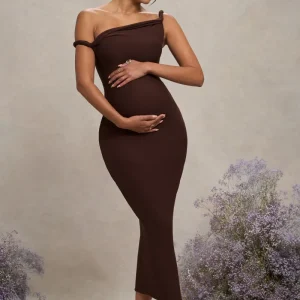 Salome | Vestido midi de premamá asimétrico color marrón chocolate