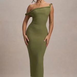 Salome | Vestido Midi verde oliva con escote asimétrico retorcido